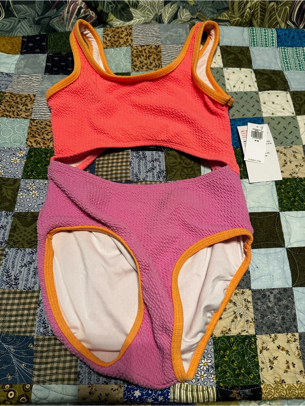 Old Navy Pink Purple Textured Two-Piece Swimsuit with Orange Trim